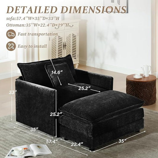 SoarFlash Chenille Sectional Sofa, Comfy Modular Single Sofa with Ottoman, Modern Recliner Deep Seat Sofa Set for Living Room,Black