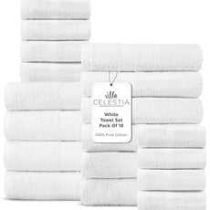 100% Cotton Bath Towel Set of 18-4 Bath Towels, 6 Hand Towels, 8 Wash Cloths, Sustainable, Soft, Highly Absorbent, Combed Cotton 18 Piece Set for Hotels, Spa, Bathroom, Dorm, White