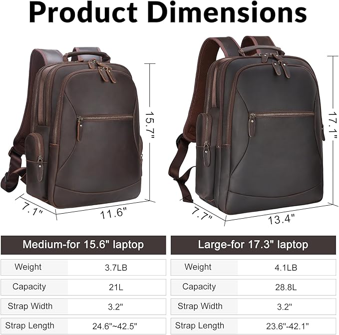 TIDING Full Grain Leather 17.3 Inch Laptop Backpack for Men Large Capacity Travel Weekender Camping Daypack Rucksack