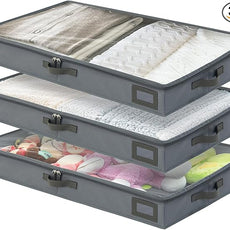4-Inch Under Bed Storage Containers (3-Pack) | Sturdy Sidewalls | Clear Cover & Label Holder | Underbed Organizer for Crib/Couch | Stores Clothing/Blankets/Wrapping Paper/Toys