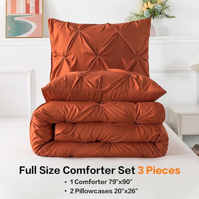 Andency Burnt Orange Pinch Pleat Comforter Full (79x90Inch), 3 Pieces (1 Pintuck Comforter and 2 Pillowcases) Down Alternative Microfiber Bedding Set