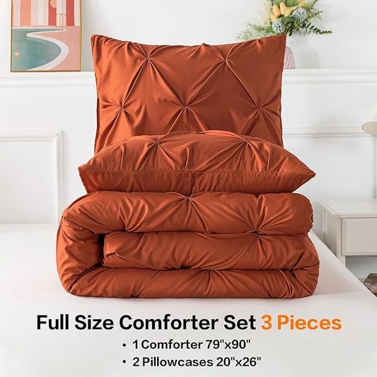 Andency Burnt Orange Pinch Pleat Comforter Full (79x90Inch), 3 Pieces (1 Pintuck Comforter and 2 Pillowcases) Down Alternative Microfiber Bedding Set