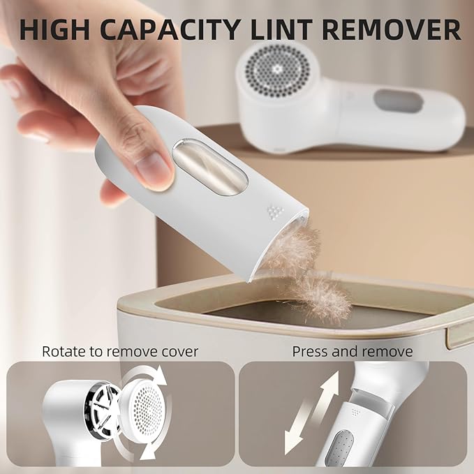 Fabric Shaver, Electric Lint Remover, Rechargeable Lint Shaver, Household Essentials for Clothes, Upholstery, Furniture, Sweater Defuzzer to Remove Pilling, Battery Operated, White