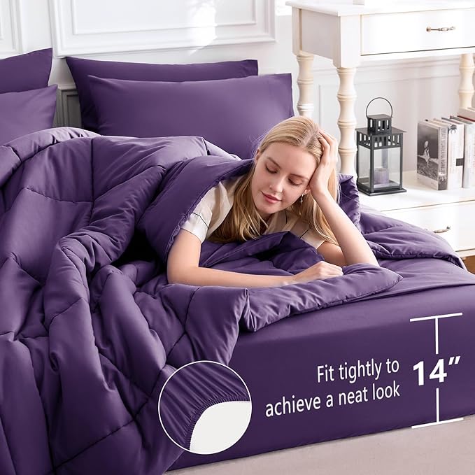 CozyLux Full Size Comforter Sets Purple, 7 Pieces Bed in a Bag, Purple Comforter Full Size, All Season Bedding Sets with Stitch Quilted Comforter, Flat Sheet, Fitted Sheet, Pillowcases