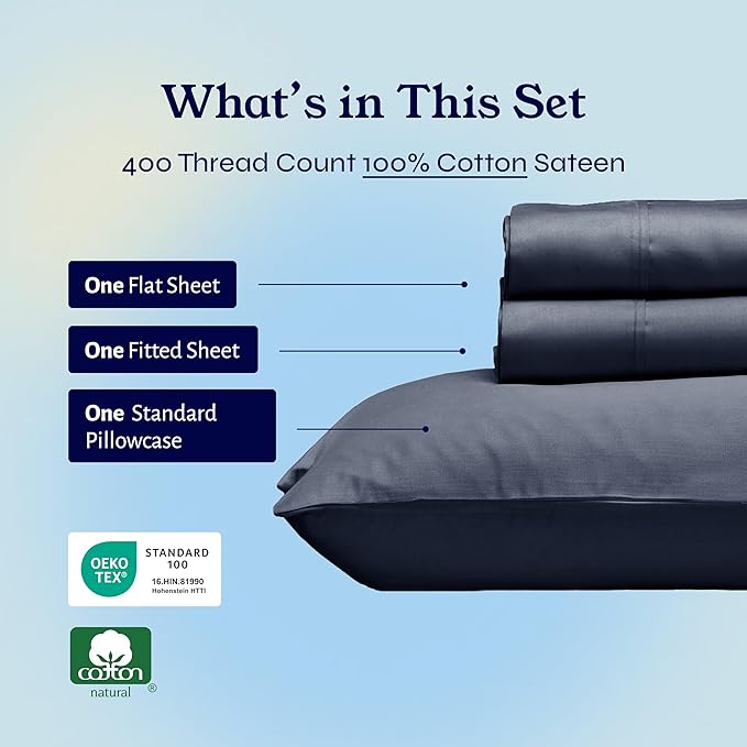 California Design Den Twin XL Sheet Sets - Soft 400 Thread Count Sateen, Natural 100% Cotton Sheets with Deep Pockets, Durable Bedding Set - Indigo Dusty Blue CaliforniaDesignDen