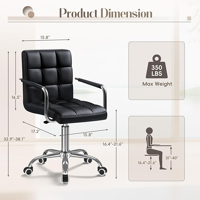 Furmax Mid-Back Office Task Chair Ribbed PU Leather Executive Chair Modern Adjustable Home Desk Chair Retro Comfortable Work Chair 360 Degree Swivel with Arms (Black)