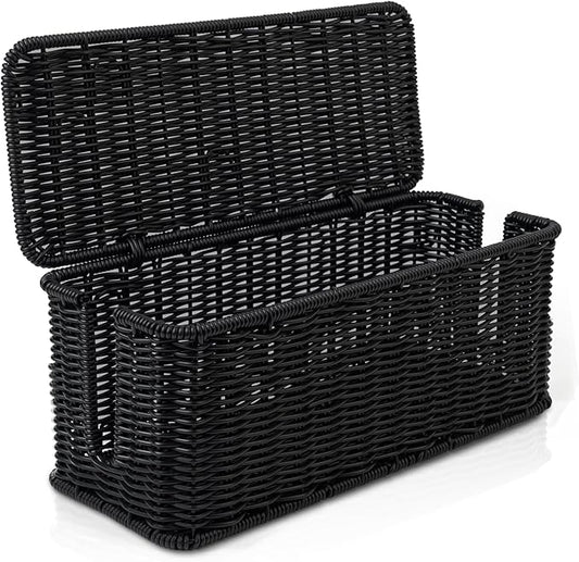 Cable Management Box, Handmade Rattan Cable Organizer, 2 Open Slots Cords Hider Box, Under Desk Cord Organizer for Computer Router USB Hub & Power Strip, Patent Pending, 13" x 5.1" x 5.1", Black