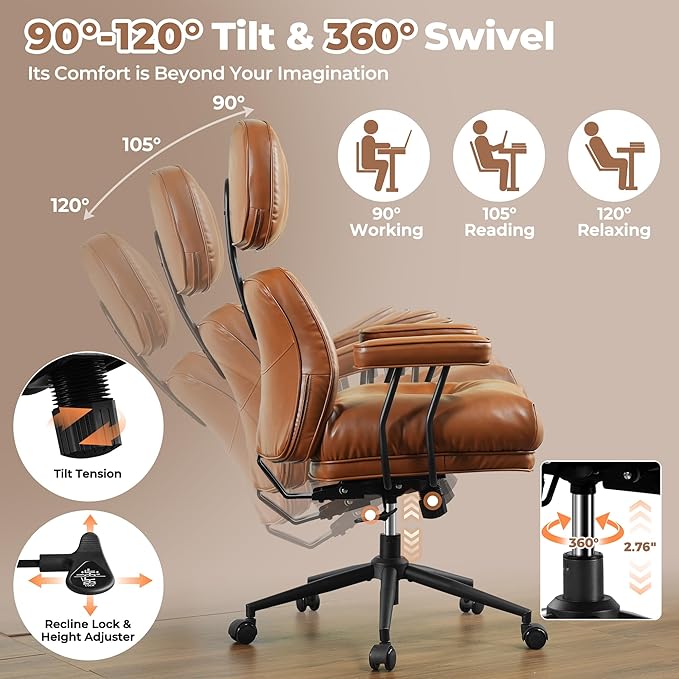 ovios Ergonomic Office Chair, High Back Faux Leather Executive Chairs with Thick Cushion, Comfy High-Century Modern Swivel Rolling Computer Armchair (Brown, PU Leather)