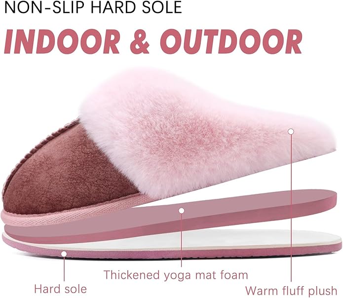 KuaiLu Womens Fluff Dual Memory Foam Slippers Ladies Cozy Arch Support Warm Scuff Slippers Slip on Comfy Winter House Shoes with Non-Slip Indoor Outdoor Hard Sole