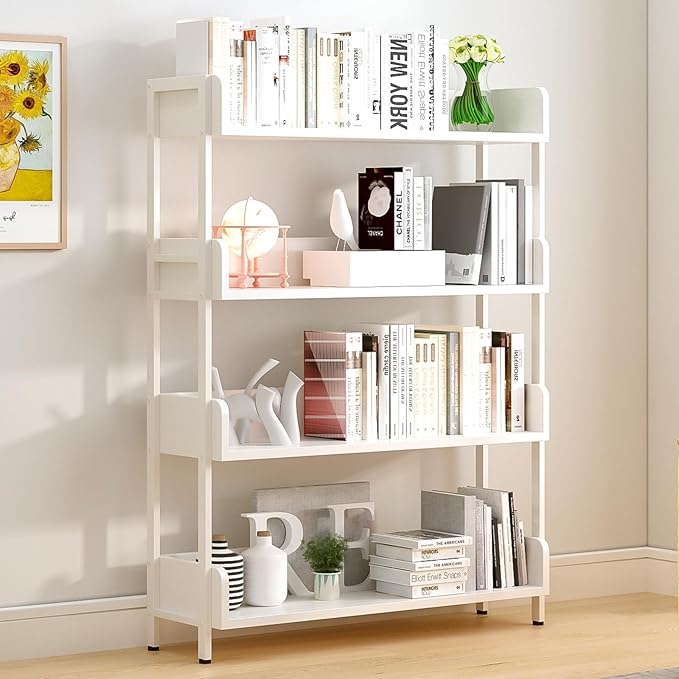 Wide Open Shelf Bookcase - Modern 4-Tier Free Standing Display Bookshelf with Three-Side Panels and Metal Frame for Home and Office, Storage Shelving, Warm White