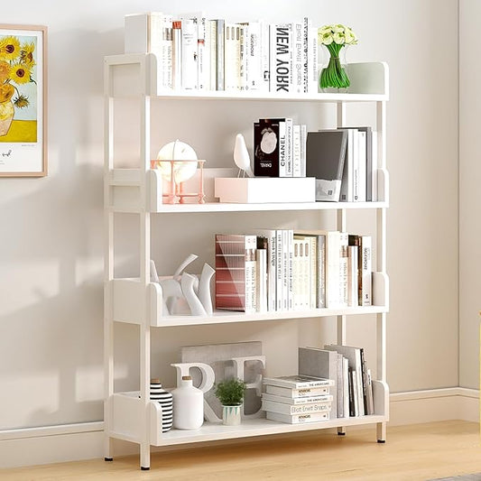 Wide Open Shelf Bookcase - Modern 4-Tier Free Standing Display Bookshelf with Three-Side Panels and Metal Frame for Home and Office, Storage Shelving, Warm White