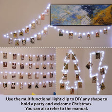 HXWEIYE 120LEDs White Photo Clips String Light, 40Ft Fairy Light with 52 Clear Clips & 12 Hooks on Wall, Timer & 8 Modes USB Powered Copper Wire String Light for hanging picture, Bedroom Wedding Party