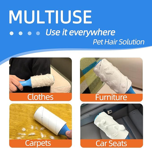 Extra Sticky Pet Hair Remover Lint Roller, 4 Refills (360 Sheets) + 2 Handles, Easy Tear No Residue for Clothes, Couch, Furniture and Car Seats