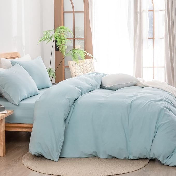 BESTOUCH Duvet Cover Set 100% Washed Cotton Linen Feel Super Soft Comfortable Chic Lightweight 3 PCs Home Bedding Set Solid Hushed Green Queen