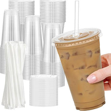 100 Pack - 24 oz Clear Plastic Cups with Lids and Straws, Sturdy & Food Safe Iced Coffee Cups with lids, Disposable Plastic Smoothie Cups for Cold Drinks