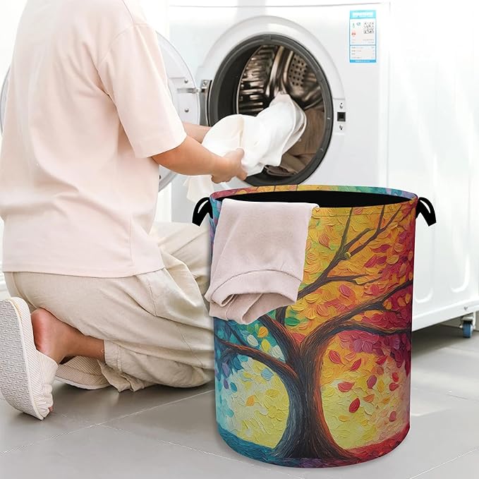 Tree of Life Laundry Basket,Oxford Cloth Laundry Hamper with Handle Foldable Portable Clothes Storage Basket for Bathroom Bedroom Dorm Room 16" x 20.8"