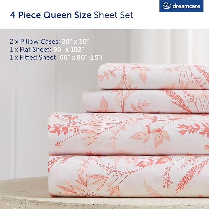 DREAMCARE Queen Size Sheets - Floral Sheets Queen Size Bed Set - 4pcs Queen Sheet Set - Cooling Bed Sheets - Queen Size Sheet Sets - Soft & Long Lasting 100% Brushed Floral Bed Set - Floral Pink DREAMCARE