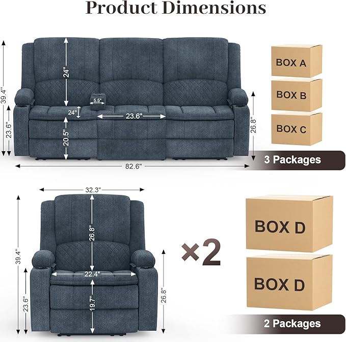 3 Seater Recliner Sofa Set with 2-Tier Cushion, 3+1+1 Pieces in Living Room, 3 Seater Reclining Couch Leather with Removable Console, 2 Oversize Recliner Chair Sofa Seat