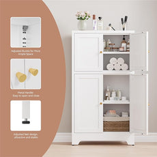 Metal Bathroom Storage Cabinet, Freestanding Storage Cabinets with 4 Doors and 2 Adjustable Shelves,White Metal Floor Cabinet for Restroom, Kitchen,Living Room,Hallway
