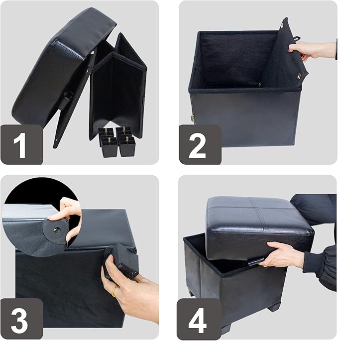 GLAXYFUR Storage Ottoman Cube Folding Footstool PU Leather Storage Bench with Legs, Storage Chest for Living Room, Bedroom, 15.7 x 15.7 x15.7 Inches, Black