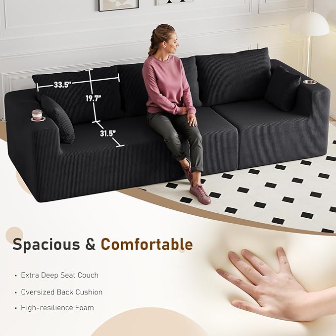 Furnimart 112" L-Shaped Modular Sectional Sofa with Ottoman, Boneless Cloud Couch with Chaise for Living Room, Modern Deep Seat Lounge Sleeper Couch Bed, No Assembly, Corduroy Black