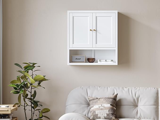 Metal Bathroom Wall Cabinet, Over The Toilet Storage Cabinets, White Wall Mounted Medicine Cabinets, Hanging Cabinet with 2 Doors & Adjustable Shelf for Kitchen, Laundry Room