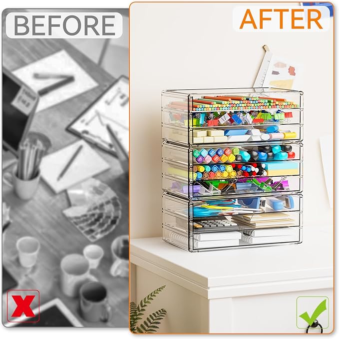 Yieach 11.1 Inch Long Clear Drawer Organizers Stackable,3 Pack Small Acrylic Drawers,School,Office Supplies Organizer And Storage Bins for Stationery,Marker,Pen,Pencil,Craft Desktop Storage Drawers