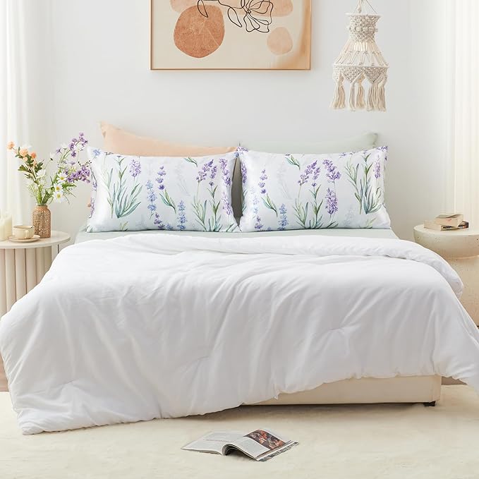 EXQ Home Satin Pillowcase for Hair and Skin Queen - Lavender Printed Silk Pillowcase 2 Pack 20x30 inches - Satin Pillow Cases Set of 2 with Envelope Closure, Gifts for Women