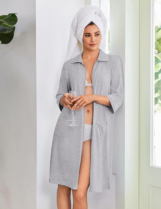 Ekouaer Zipper Robes for Women 3/4 Sleeve Housecoats Knee Length Bathrobe Lightweight Nightgown with Pockets S-3XL