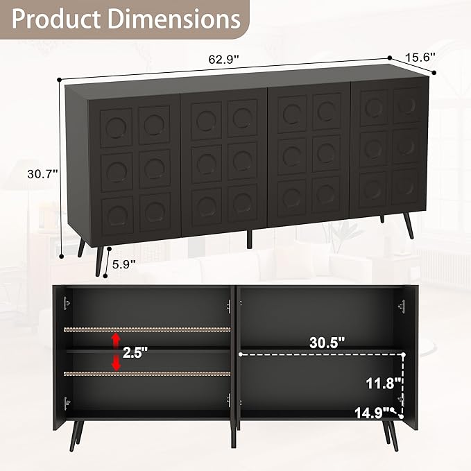 Sideboard Buffet Cabinet with Storage: 63" Large Accent Fluted Black Buffet Cabinet with 4 Doors, Mid Century Modern Credenzas for Living Room (Black)