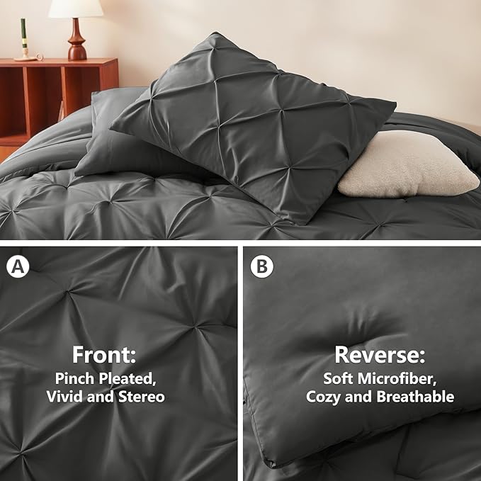 CozyLux Twin Comforter Set with Sheets Dark Grey, 5 Pieces Pintuck Bed in A Bag, Twin Bed Set Gift for Family, Pinch Pleat Bedding Set with Comforter, Sheets, Pillowcase & Sham