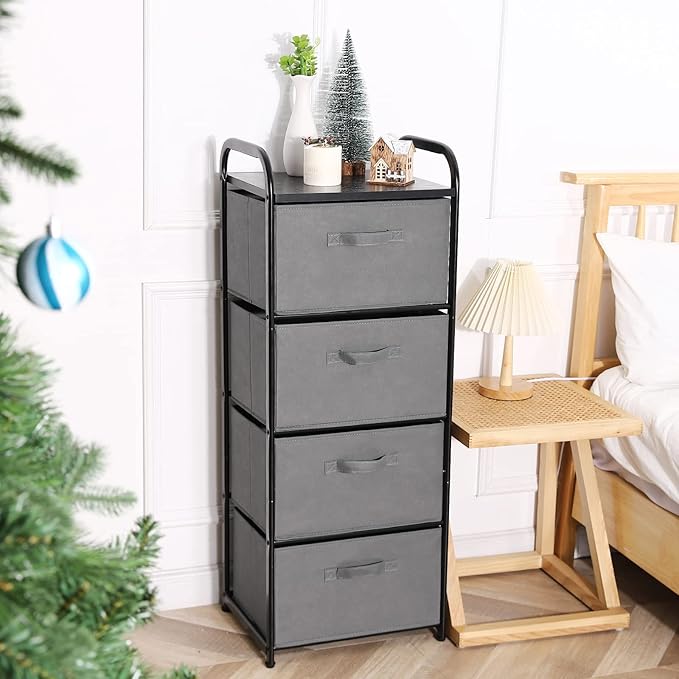 MAX Houser 4 Drawer Fabric Dresser Tall Storage Tower, Dresser Chest with Wood Top, Vertical Nightstand Side Organizer Unit with Metal Frame for Closets Bedroom Nursery Room Hallway(Leaden)