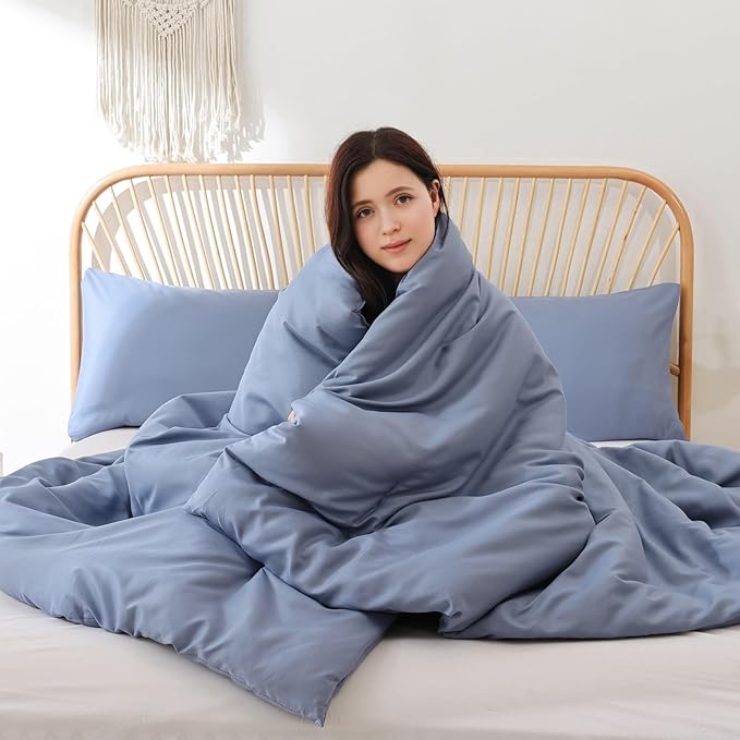 ROSGONIA King Size Comforter Set Slate Blue, 3pcs(1 Boho Comforter & 2 Pillowcases) Soft Lightweight Bedding Blanket All Season Bedspreads Quilt