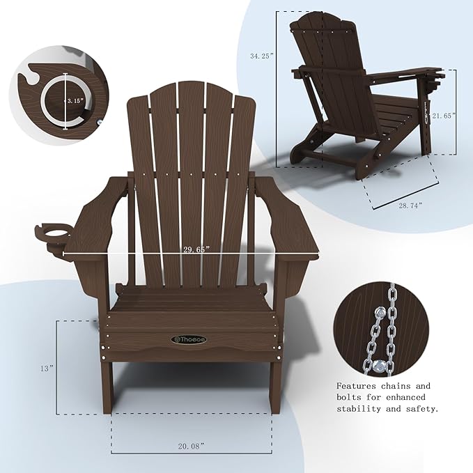 Adirondack Chair Set of 2, Folding All-Weather Outdoor HDPE Patio Chair with Cup Holder, Brown