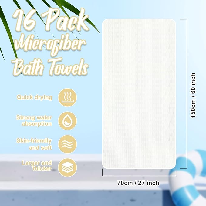 16 Pack Microfiber Bath Towels Bulk 27'' x 60'' Oversized Size Bath Towel Highly Absorbent Extra Large Soft Drying for Shower Beach Winter Salon Sport Gym Party (Stripe,White)