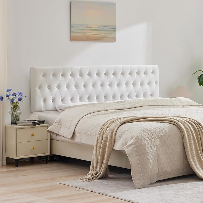Kingfun Tufted Upholstered Twin Size Velvet Headboard in Modern Button Design, Adjustable Solid Wood Head Board, Premium Sponge Padded Headboards in Bedroom (White)