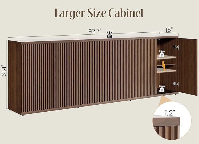Fluted Buffet Cabinet Sideboard with Storage,Wooden Credenza with 2 Doors&Adjustable Shelve, Modern Accent Cabinets Coffee Bar Bookcase for Living Room,Kitchen Dining Room Entryway 15"D Brown