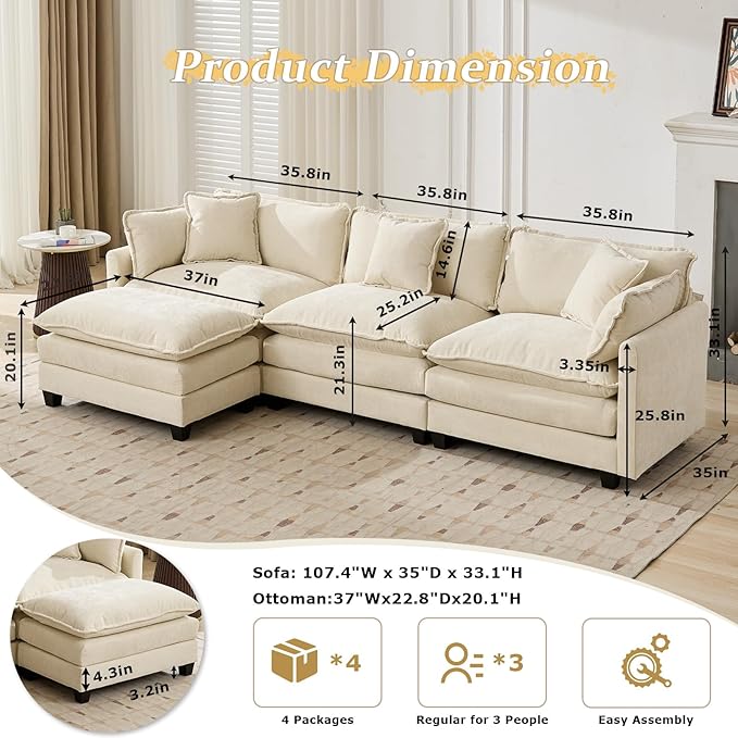 SoarFlash 113.78" Chenille Sectional Sofa, Comfy L Shaped Modular Coush Sofa with Ottoman, Modern 4 Seat Couch Deep Seat Sofa Set for Living Room,Beige