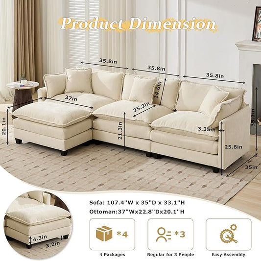 SoarFlash 113.78" Chenille Sectional Sofa, Comfy L Shaped Modular Coush Sofa with Ottoman, Modern 4 Seat Couch Deep Seat Sofa Set for Living Room,Beige