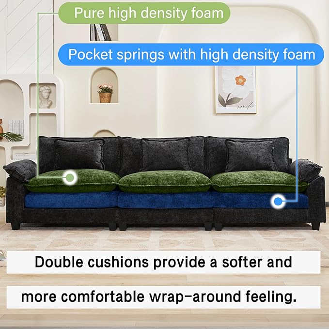 120" Modular Sectional Sofa, Comfy Cloud Couch Sectional Sofa, Chenille Sofa Sleeper Deep Seat Sofa with Throw Pillows for Living Room (Black, 120"- 3 Seater)