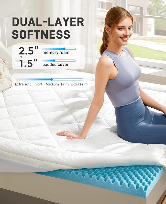 PERLECARE 4 Inch Dual Layer Twin Mattress Topper for Pressure Relief, 2.5 Inch Cooling Egg Crate Gel Memory Foam Plus 1.5 Inch Pillow Top Cover, Medium Firm with Deep Pocket