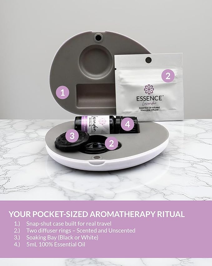 Essence Pearl Travel Case - Wearable Aromatherapy Kit with Nasal Diffuser Rings, Soaking Bay, and 5mL Essential Oil – Portable Wellness Gift Set for On?The?Go Self Care