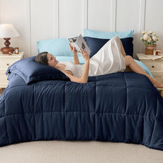 JOLLYVOGUE Queen Comforter Set, Ultra-Soft Bed in a Bag Queen Size 7 Pieces, Oeko-TEX Certified Bedding Set with Down Alternative Comforter, Sheets, Pillowcases & Shams, Navy & Light Blue