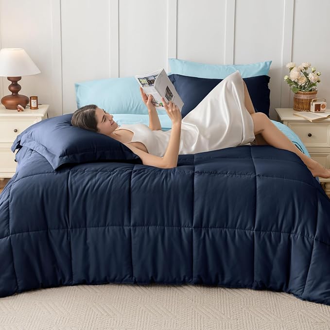 JOLLYVOGUE Queen Comforter Set, Ultra-Soft Bed in a Bag Queen Size 7 Pieces, Oeko-TEX Certified Bedding Set with Down Alternative Comforter, Sheets, Pillowcases & Shams, Navy & Light Blue