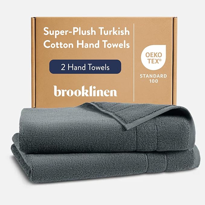Brooklinen Super-Plush Turkish Cotton Hand Towels - Set of 2 - Cotton, 820 GSM, Highly Absorbent, Machine Washable, Perfect for Home & Bathroom (20" x 30", Slate Grey)