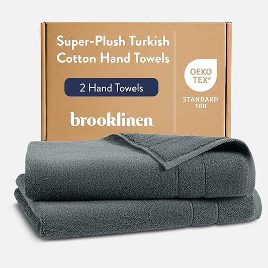 Brooklinen Super-Plush Turkish Cotton Hand Towels - Set of 2 - Cotton, 820 GSM, Highly Absorbent, Machine Washable, Perfect for Home & Bathroom (20" x 30", Slate Grey)