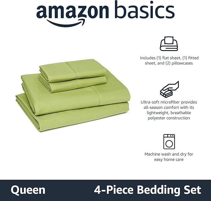 Amazon Basics Lightweight Microfiber 4-Piece Bed Sheet Set, Oliver Light, Solid, Queen AmazonBasics