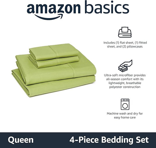 Amazon Basics Lightweight Microfiber 4-Piece Bed Sheet Set, Oliver Light, Solid, Queen AmazonBasics