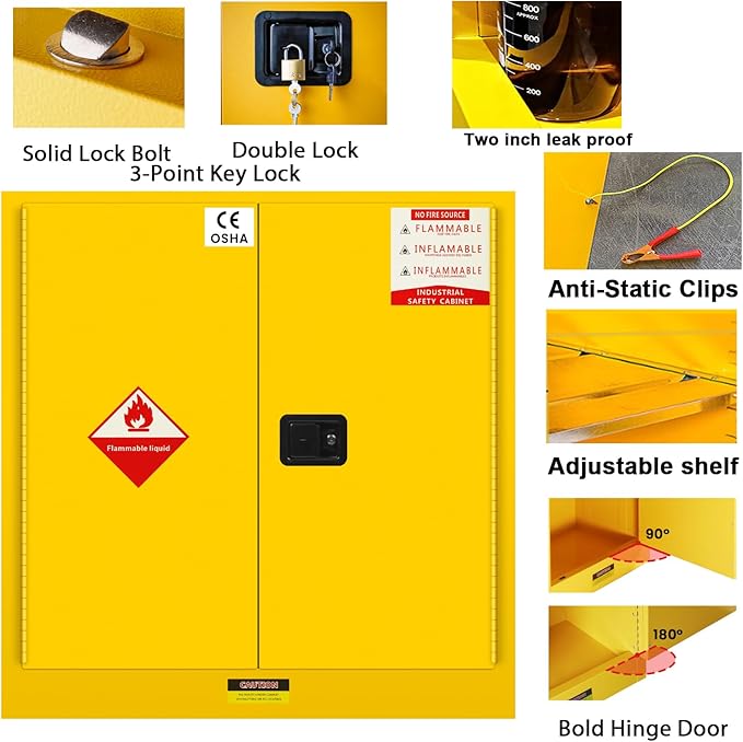 55 Gallon Flammable Storage Cabinet, 50"x18"x44" Metal Storage Cabinet with Adjustable Shelf, Three-Point Locking System for Commercial, Industrial and Garage Use，Yellow