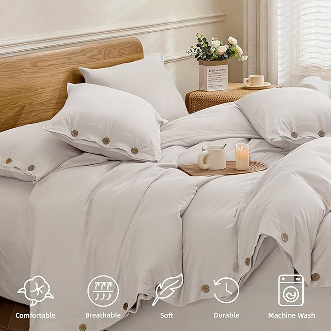 JELLYMONI Cotton Duvet Cover Twin XL Size - Beige Comforter Cover with Button 100% Washed Cotton 2PCS Breathable Soft Solid Bedding Set Duvet Cover 66×92in & 1 Pillowcase (NO Comforter)